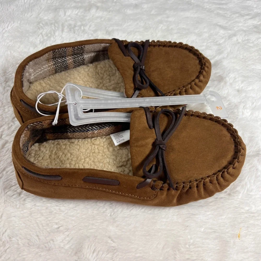 Cat &‎ Jack Kids Moccasin Slippers Brown Size 2 Sherpa Lined Cozy